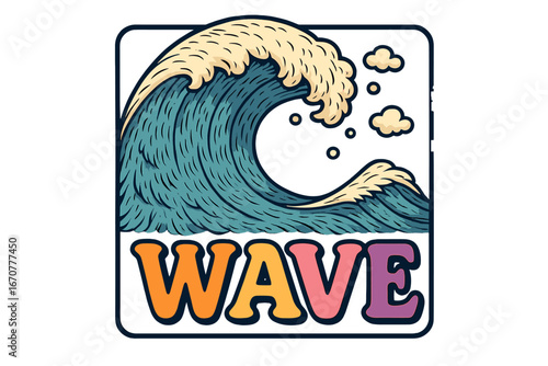 Bold wave illustration with vibrant colors and playful typography showcasing the word 'wave' in an artistic style