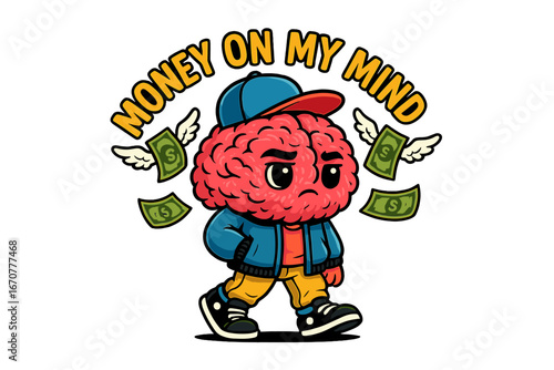 Colorful cartoon brain character walking with money mindset in mind during a playful urban setting
