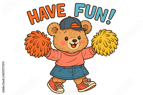 Cheerful bear mascot holding pom-poms at a fun event in a colorful and lively environment