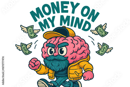 Character with a brain and beard walks confidently with cash flying around in a playful urban setting