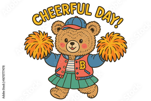 Cheerful bear character in sports outfit with pom-poms celebrates a joyful day outdoors
