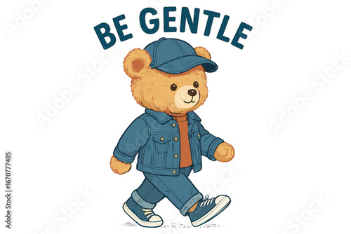 Gentle cartoon bear wearing a blue cap and denim outfit walking confidently along a path