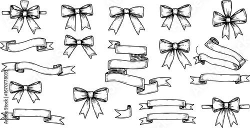 Set of sketched bow and ribbon. Hand drawn vintage line art vector illustration.
