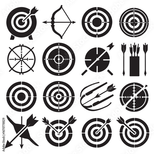 Collection of black archery targets and arrows on white background sport