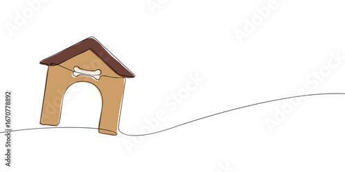 Minimalist continuous line drawing of doghouse with bone decoration. Black outline vector illustration for pet, animal, shelter, domestic, and veterinary design concepts.