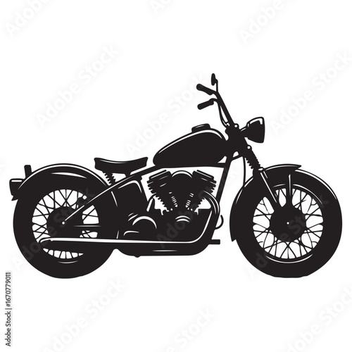 Black silhouette of a classic motorcycle with spoked wheels and V-twin engine motorbike chopper