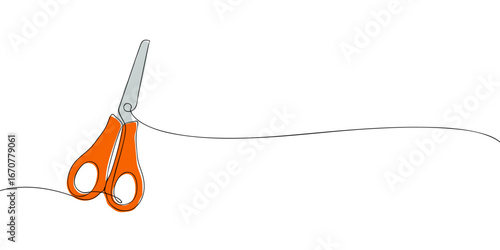 Minimalist line drawing with color accents of orange scissors cutting a line. Illustration for tools, crafting, sewing, tailoring, education, and design concepts.
