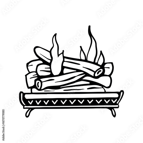 Fireplace insert with firewood and fire. Line drawing of open home fireplace. Winter retro interior design element, vector illustration. Editable stroke. Vector monochrome outline illustration.
