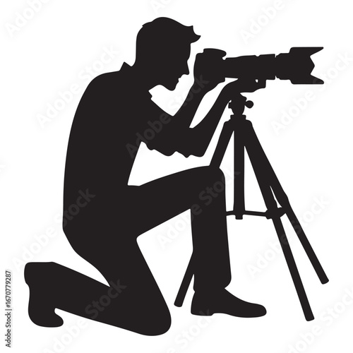 Silhouette of a man kneeling with a camera on a tripod vector