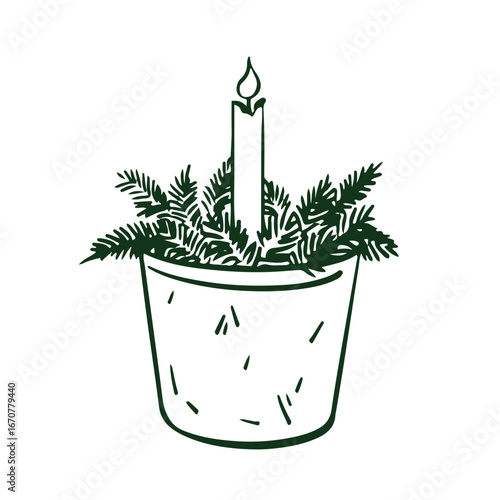 Candle and fir branches in a pot. Christmas monochrome outline illustration in sketch style. Winter composition. Christmas decor. Vector illustration
