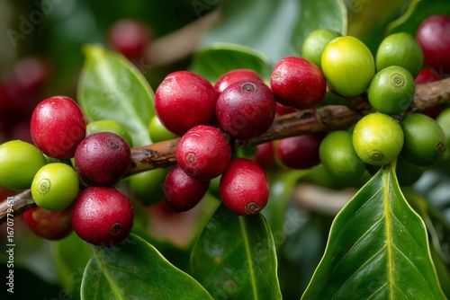 Wallpaper Mural Vibrant red and green coffee cherries ripening on a plant branch with lush leaves Torontodigital.ca