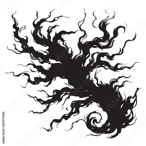 Black abstract swirling organic shapes with wispy tendrils on white vector