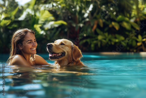 Happy woman having fun and relaxing with golden Labrador retriever in outdoor swimming pool with clear water. Popular dog breed like companion, outdoor activity, game with family pet on summer holiday