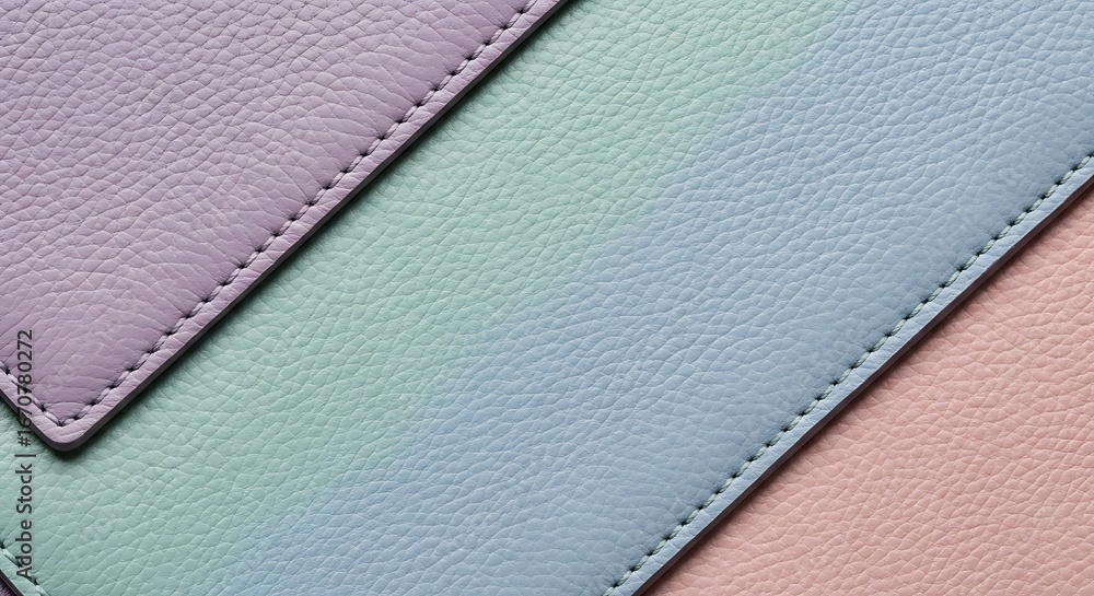Fototapeta premium Pastel leather texture with stitching, soft gradient colors of purple mint green blue and pink, close up background for fashion design and material decoration