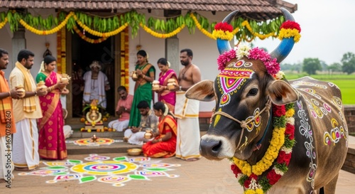Sacred Bull with Painted Horns Honored During a Vibrant Mattu Pongal Festival