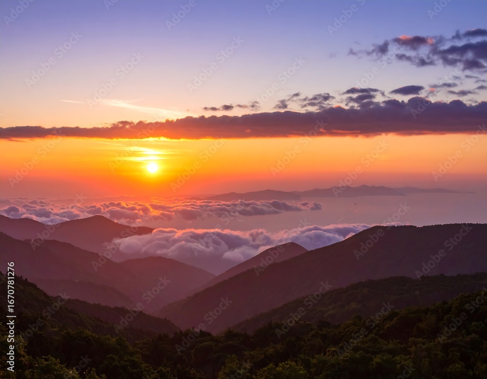 Fototapeta premium Sunrise over misty mountains
