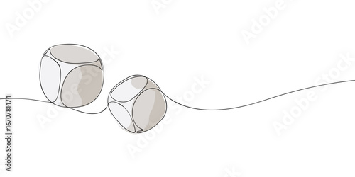 One line colored drawing of two gray cubes resembling dice or ice cubes. Minimalist linear illustration. Gaming, gambling, beverage and refreshment concept for design.