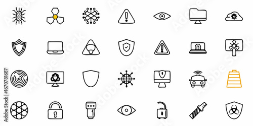 Dynamic collection of security and technology icons featuring cyber threats, digital safety, and protection symbols for modern business and data security concepts
