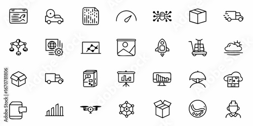 Dynamic icons representing business growth, logistics, technology, and innovation, perfect for modern digital presentations and creative projects