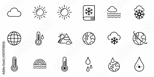 Stunning weather and climate icons including sun, clouds, thermometers, earth, snow, and rainbows, perfect for environmental and educational projects