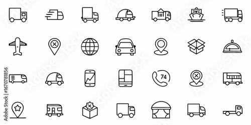 Dynamic delivery and logistics icons set featuring trucks, planes, cars, maps, boxes, and communication symbols for modern business and transport needs