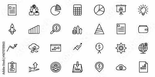 Dynamic business growth icons capturing startup success, financial analysis, productivity, and innovative ideas for modern commercial presentations and reports
