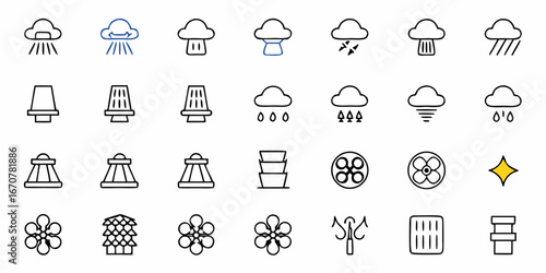 Diverse collection of weather icons and abstract symbols including rain clouds, fans, and geometric shapes, perfect for digital interfaces and creative projects.