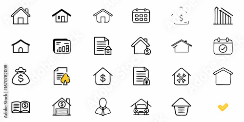 Diverse hand-drawn icons representing financial concepts like money, houses, documents, and planning for business success and real estate ventures