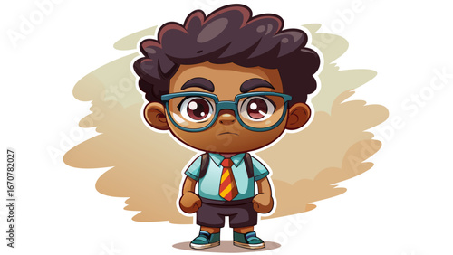 A little Student, cute african boy, wearing glasses, standing, frowning