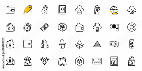 Modern business icon set featuring finance, security, and digital assets for dynamic presentations and innovative projects