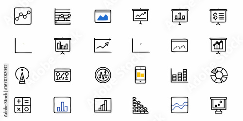 Dynamic collection of hand-drawn business and data visualization icons representing growth, analysis, and financial success for modern presentations and reports
