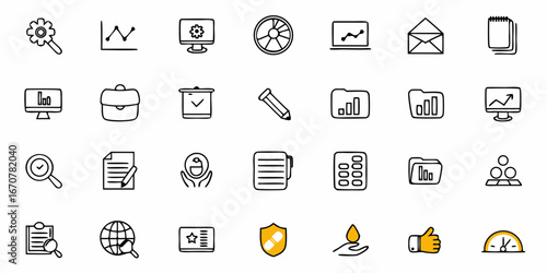Capturing essential business analytics and workflow elements with this versatile collection of hand-drawn icons perfect for presentations, reports, and digital content creation.