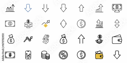 Dynamic financial icons showing upward and downward trends, money, growth charts, and wallets, perfect for business and investment presentations