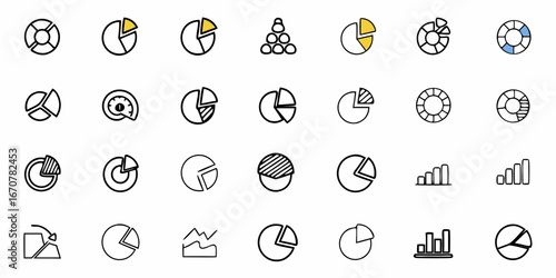 Diverse collection of modern flat icons representing financial charts, graphs, and data analysis concepts for business presentations and reports
