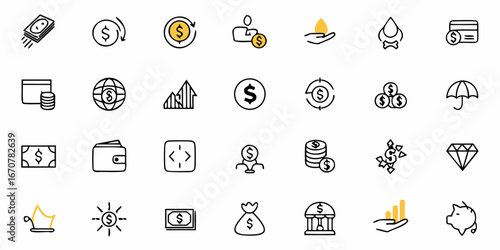 Stunning collection of hand-drawn financial icons capturing wealth, investment, savings, and currency concepts for modern business presentations and digital projects