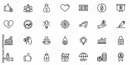 Diverse financial and business icons symbolizing growth, investment, ideas, success, and protection, perfect for presentations and marketing materials.