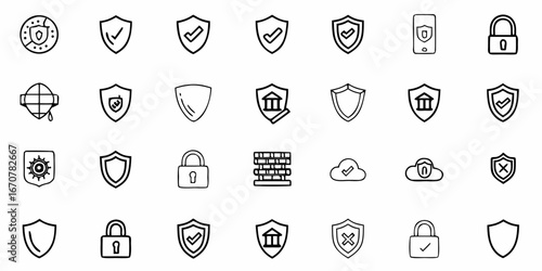 Secure your digital world with essential protection icons featuring shields, locks, and firewalls for ultimate online safety and data security assurance