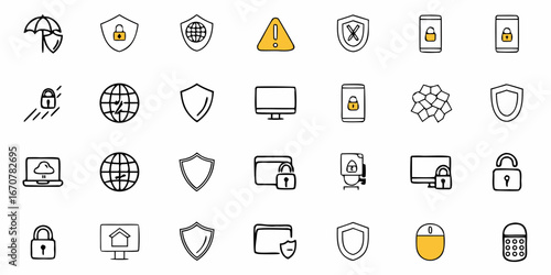 Essential security and protection icons including shields, locks, global network, and computer symbols for digital safety and data privacy concepts.