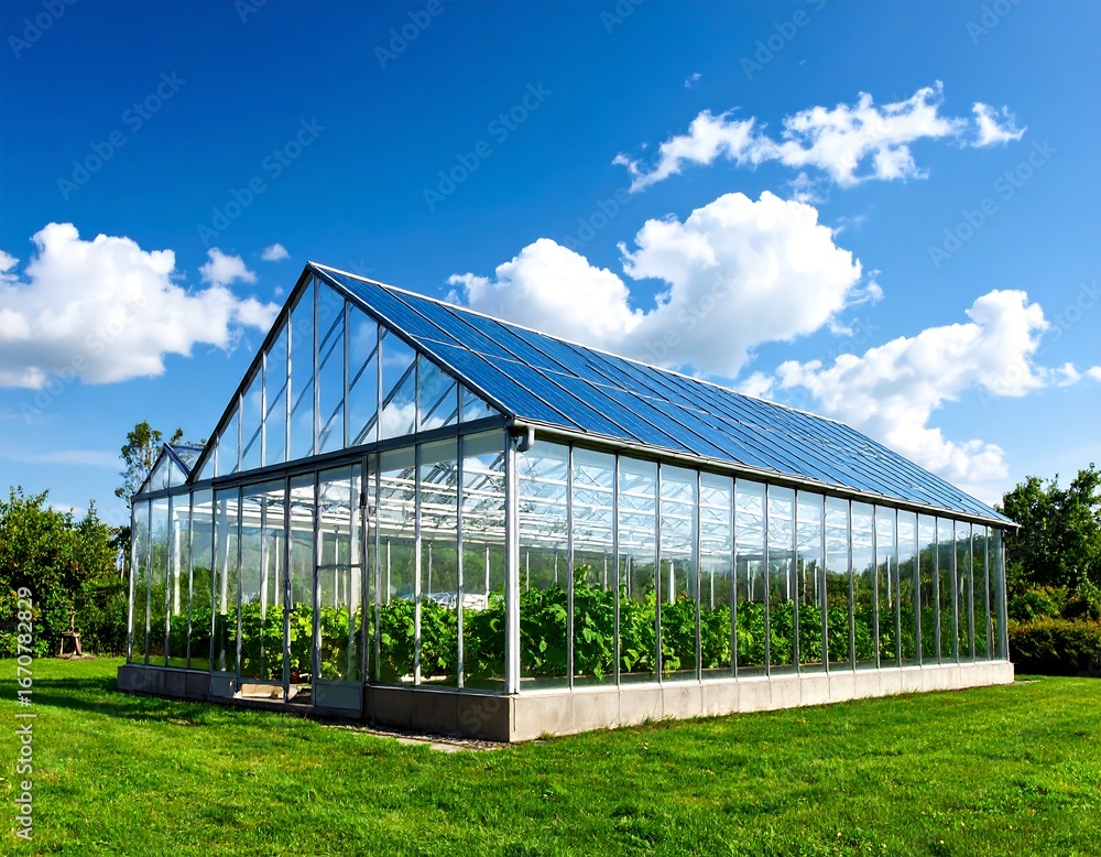 Fototapeta premium Greenhouse under a vibrant blue sky