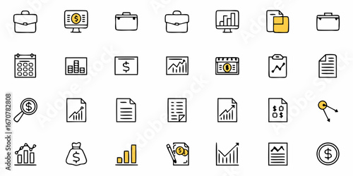 Doodle style finance and business icons featuring charts, money, documents, and briefcases for modern presentations and reports