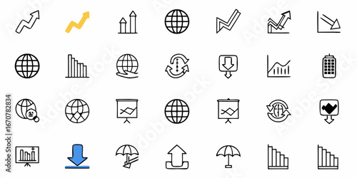 Dynamic collection of business growth icons symbolizing progress, global reach, data analysis, and financial success, perfect for modern corporate presentations and reports