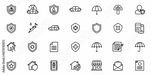 Comprehensive insurance icons set covering home, car, health, and personal protection, perfect for financial services and security concepts