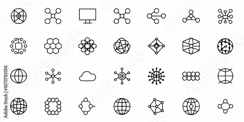 Explore a dynamic collection of modern science and technology icons representing networks, data, molecules, and global connectivity for innovative projects and digital presentations