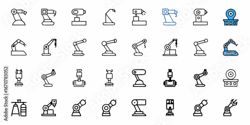 Discover a versatile collection of industrial robot arm icons, perfect for modern manufacturing, automation, and technology presentations, showcasing innovation and precision.