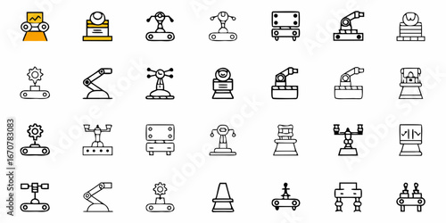 Diverse collection of industrial robots and automation equipment icons, perfect for technology and manufacturing concepts, offering modern design for presentations and web.