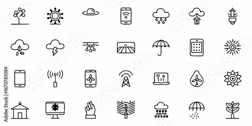 Dynamic collection of modern technology and nature icons capturing innovation, sustainability, and digital connectivity for visionary projects