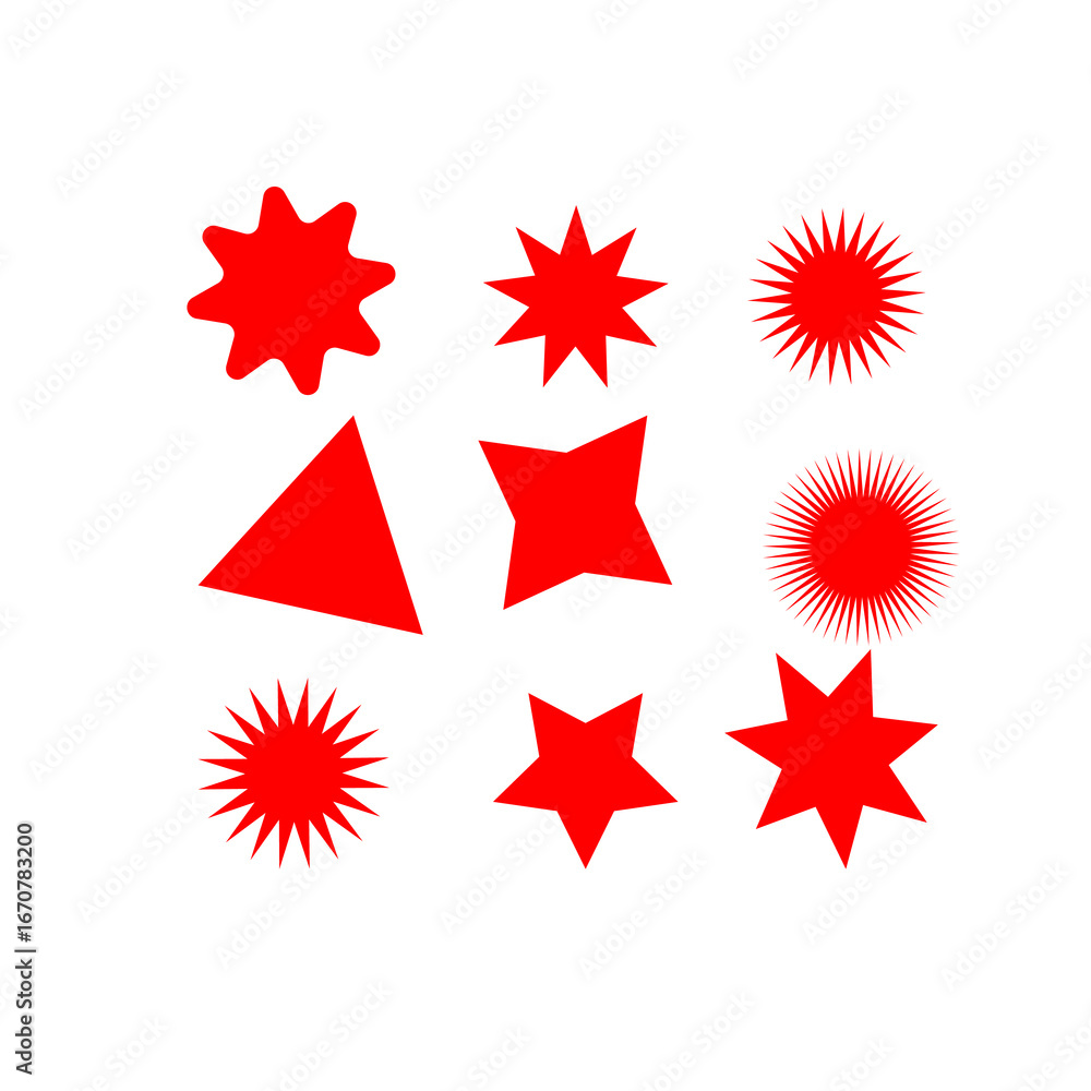 Fototapeta premium A variety of red geometric and starburst shapes are displayed against a clean white background, showcasing different designs and textures.
