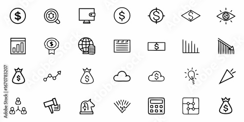 Financial icons representing business, money, and investment concepts for economic growth, finance, and success, perfect for commercial use, modern and elegant