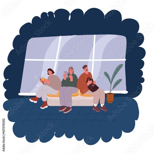Cartoon vector illustration of People standing in line. Isolated crowd, queue group back stand. Person wait shopping, airport registration or ticket utter vector concept