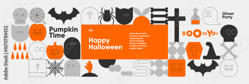 This vibrant Halloween-themed illustration features a variety of spooky icons, including pumpkins, ghosts, bats, and skulls. The playful design is perfect for festive decorations, party invitations